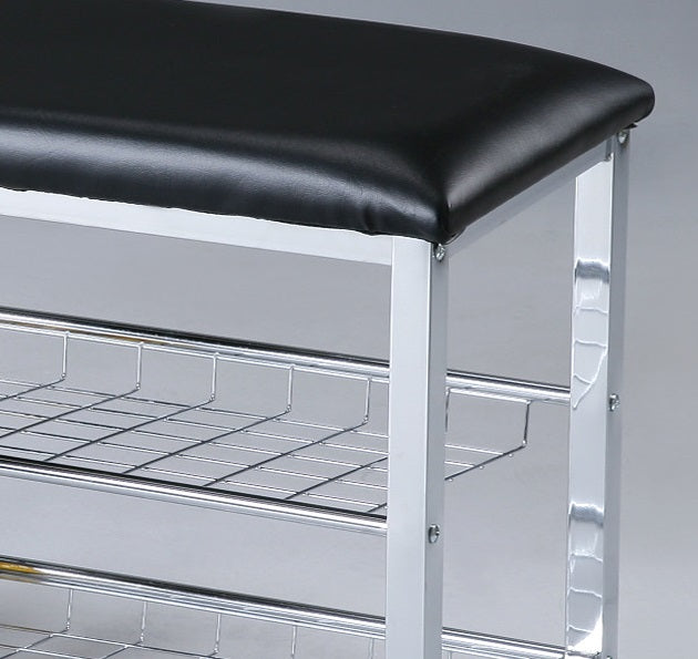 Metal Shoe Bench with Faux Leather Seat, Chrome and Black