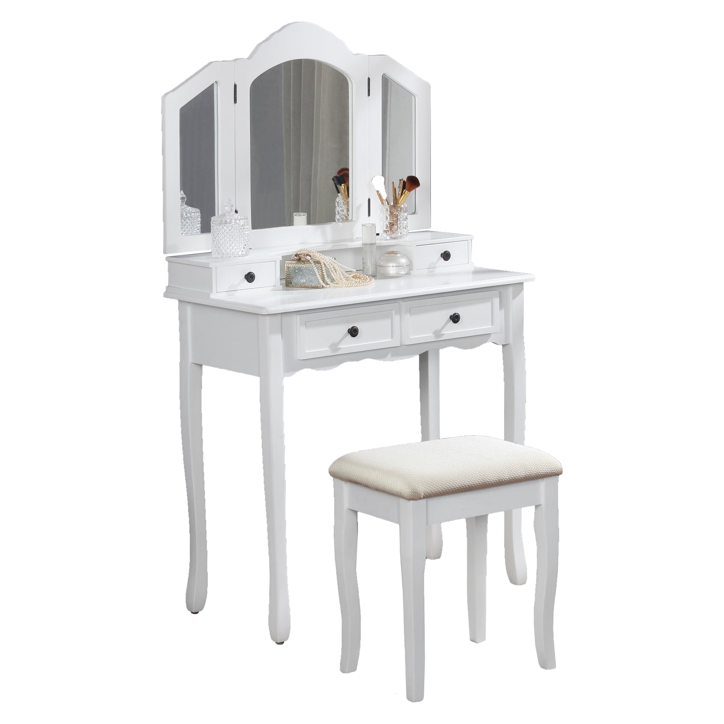 Roundhill Furniture Sanlo Wooden Vanity, Make Up Table and Stool Set, White
