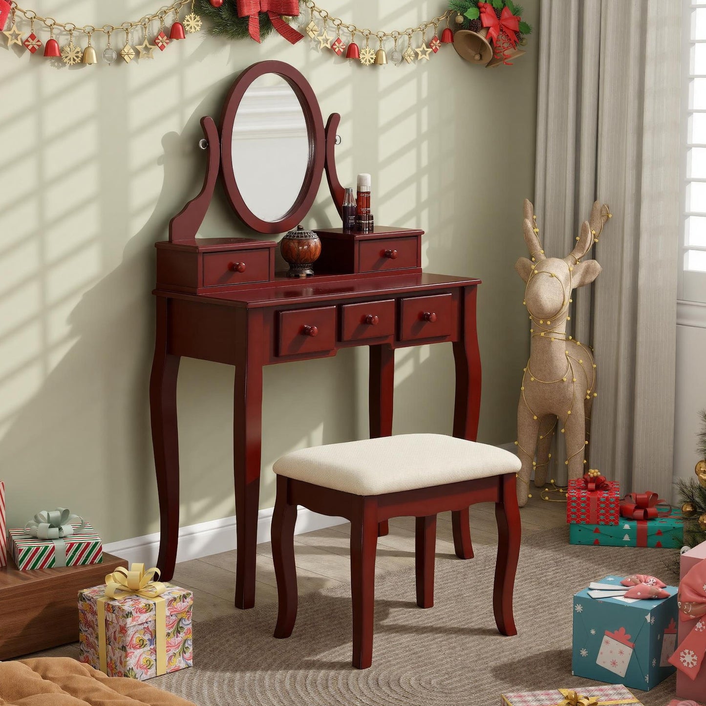 Ashley Wood Makeup Vanity Table and Stool Set - Cherry