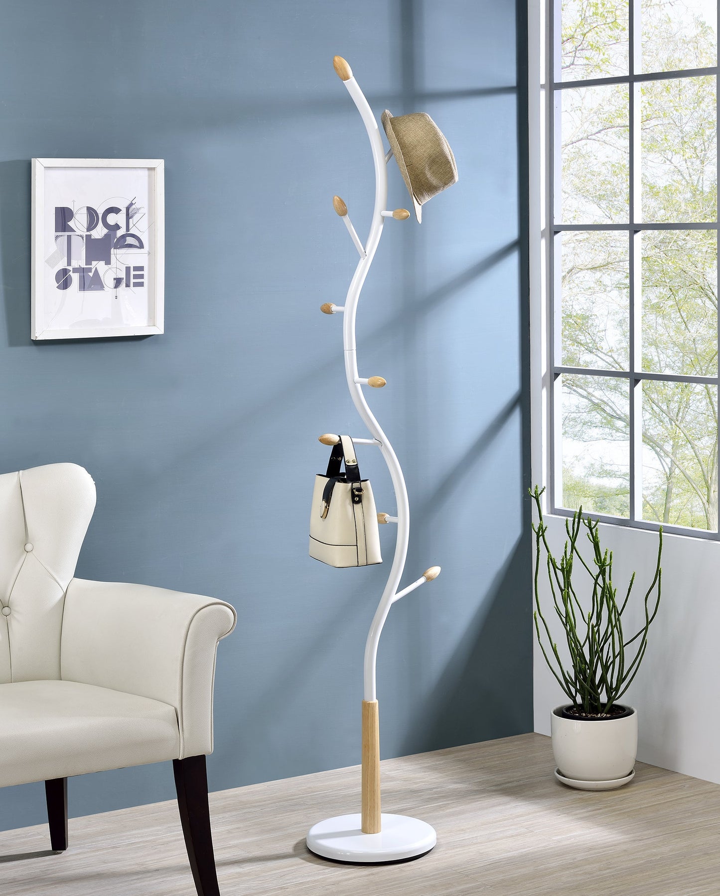 Roundhill Furniture Arles Metal Standing Coat Rack - Whtie and Oak