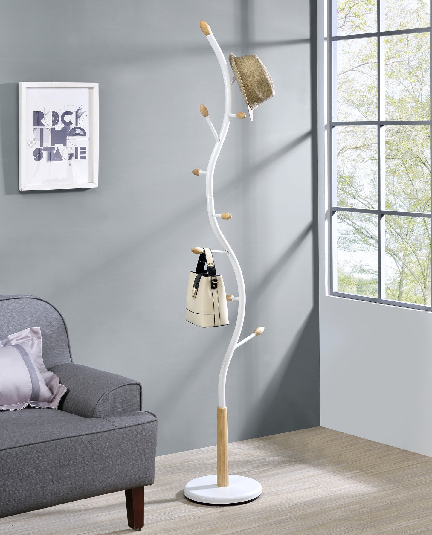 Roundhill Furniture Arles Metal Standing Coat Rack - Whtie and Oak