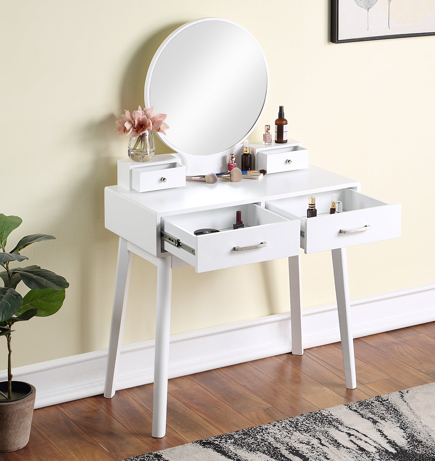 Roundhill Furniture Liannon Contemporary Wood Vanity and Stool Set, White