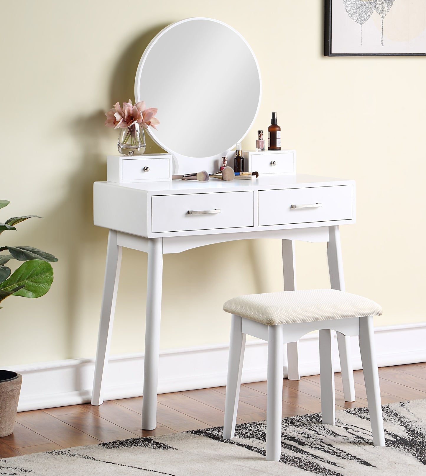 Roundhill Furniture Liannon Contemporary Wood Vanity and Stool Set, White