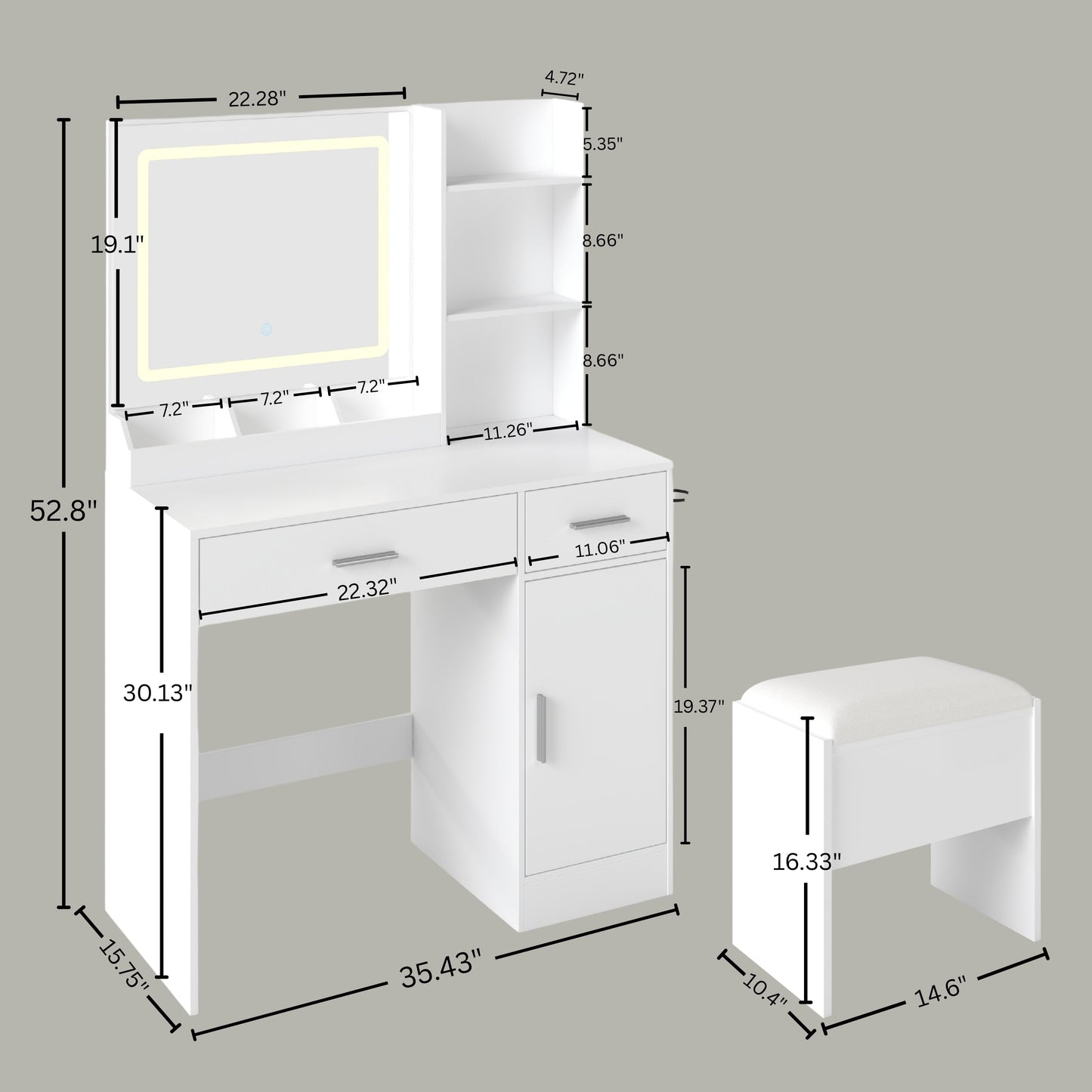 Roundhill Furniture Lavin Makeup Vanity Set, Vanity Desk with Stool, LED Light Mirror and Charging Station