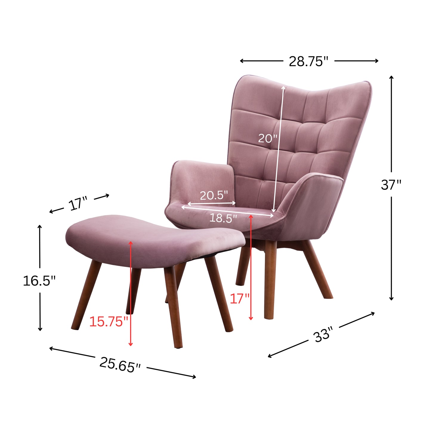 Leiria Contemporary Silky Velvet Tufted Accent Chair with Ottoman, Mauve