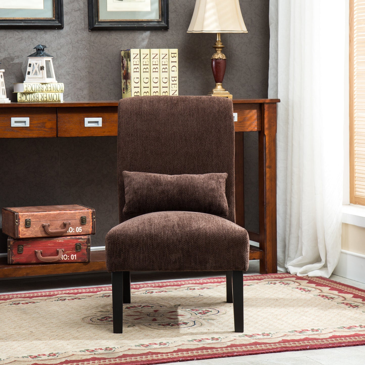 Roundhill Furniture Pisano chenille Fabric Armless Contemporary Accent Chair with Matching Kidney Pillow, Chocolate