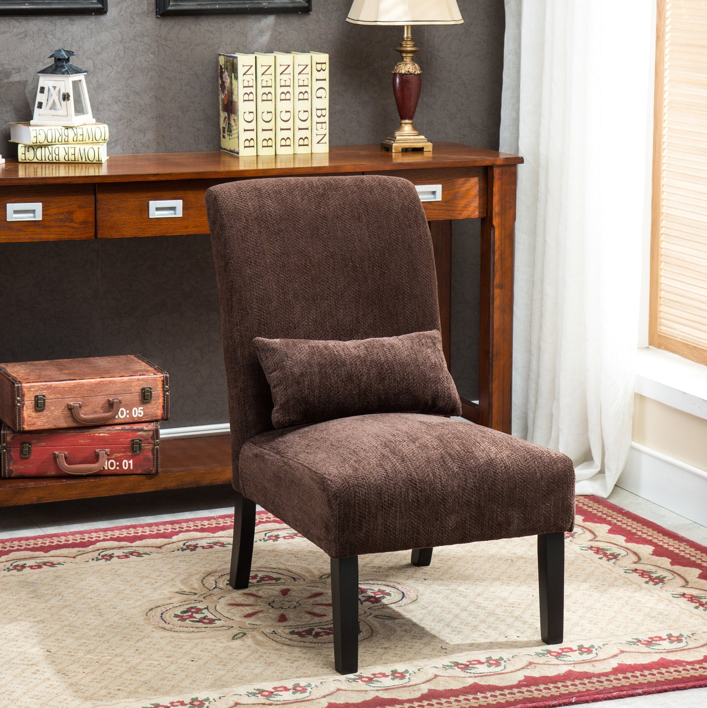 Roundhill Furniture Pisano chenille Fabric Armless Contemporary Accent Chair with Matching Kidney Pillow, Chocolate