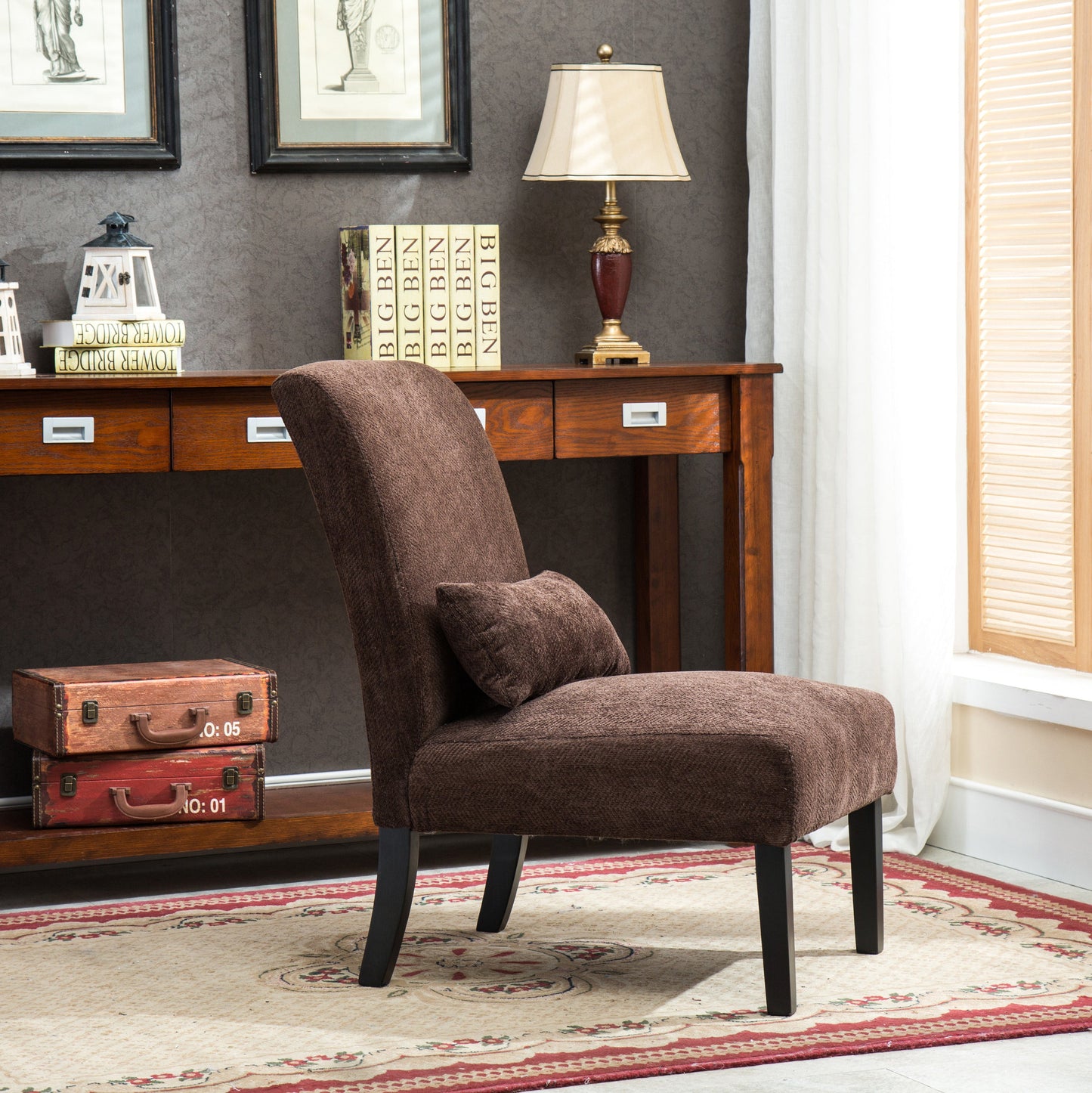 Roundhill Furniture Pisano chenille Fabric Armless Contemporary Accent Chair with Matching Kidney Pillow, Chocolate