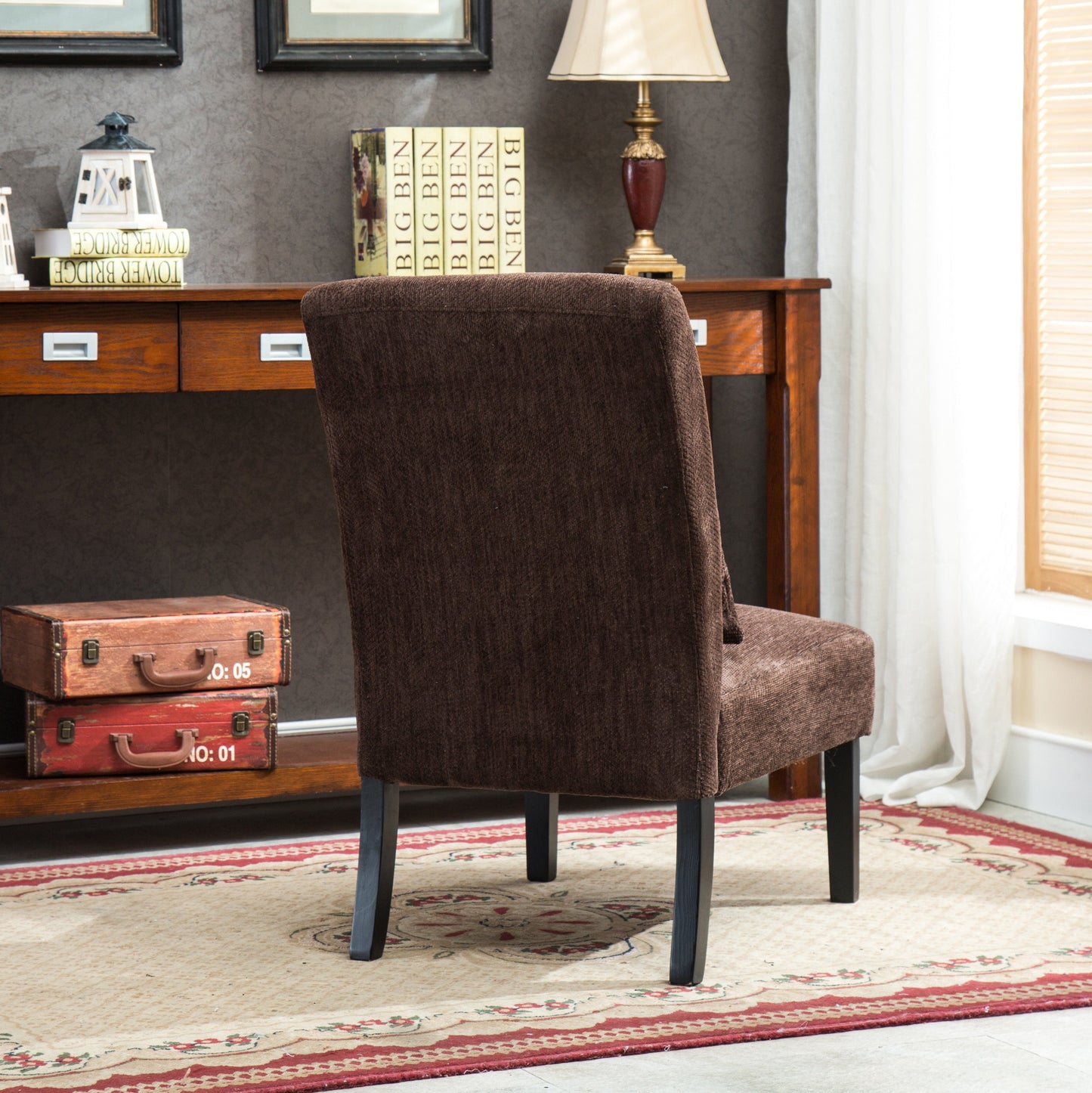 Roundhill Furniture Pisano chenille Fabric Armless Contemporary Accent Chair with Matching Kidney Pillow, Chocolate