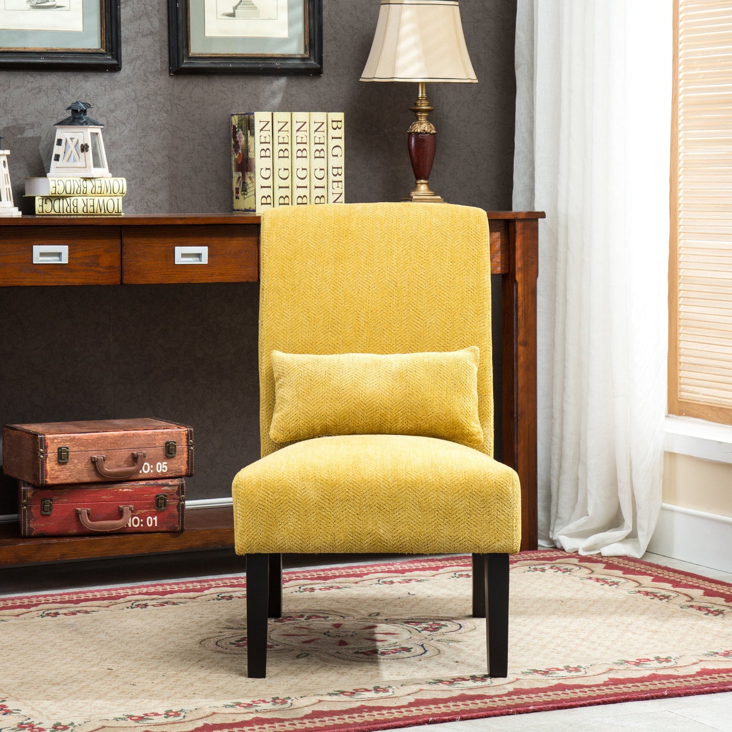 Roundhill Furniture Pisano chenille Fabric Armless Contemporary Accent Chair with Matching Kidney Pillow, Yellow