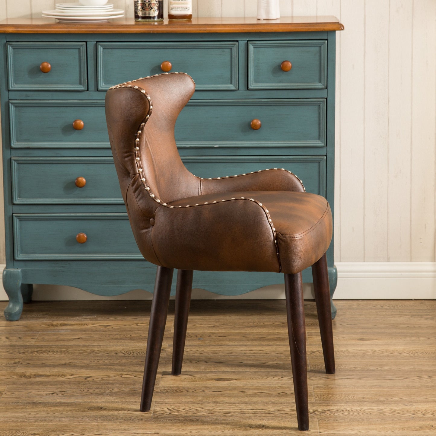 Roundhill Furniture Viking Tufted Button Back barrel chair with Nailhead, Brown