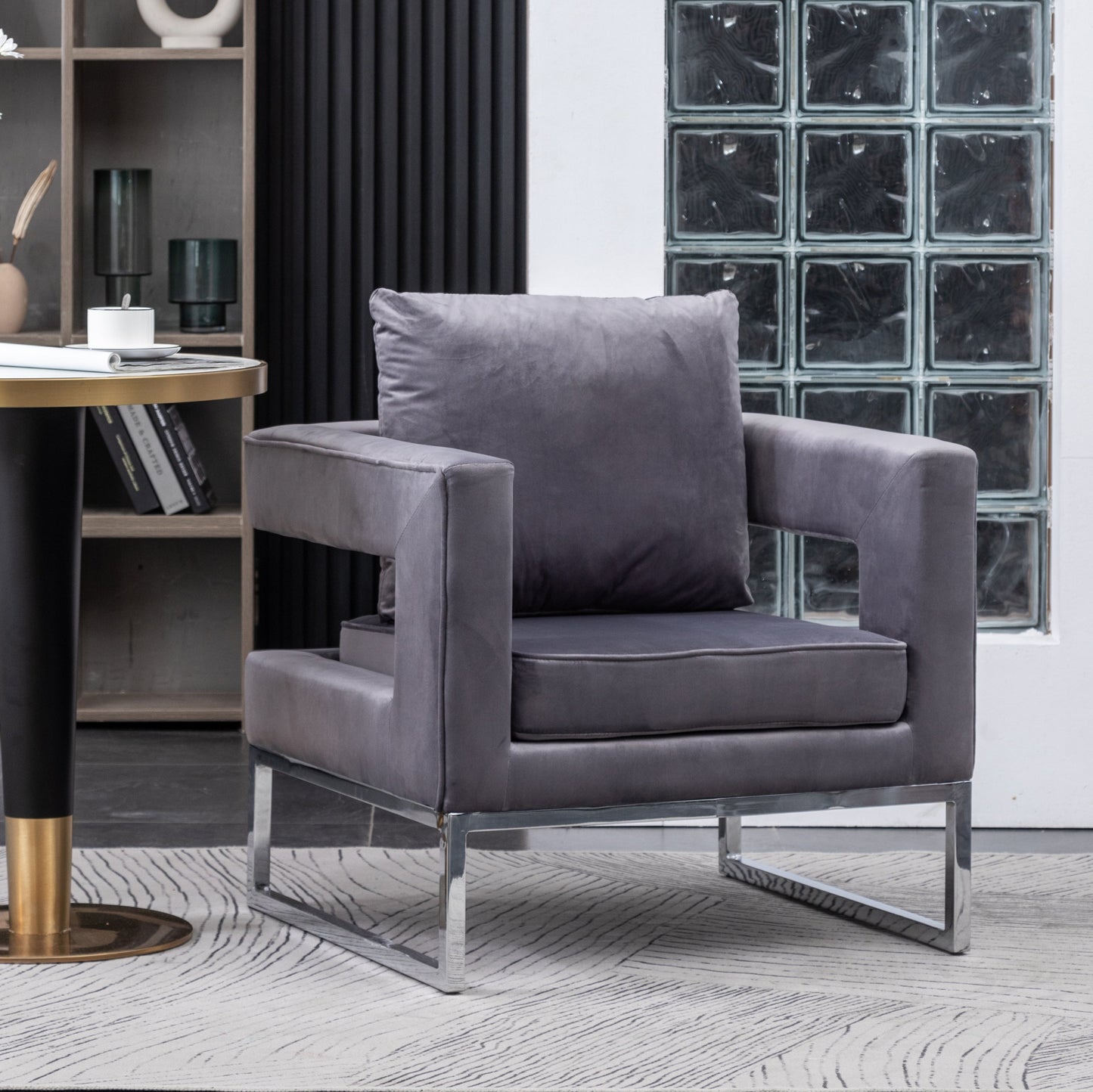 Lenola Contemporary Upholstered Accent Arm Chair, Chrome Base, Gray