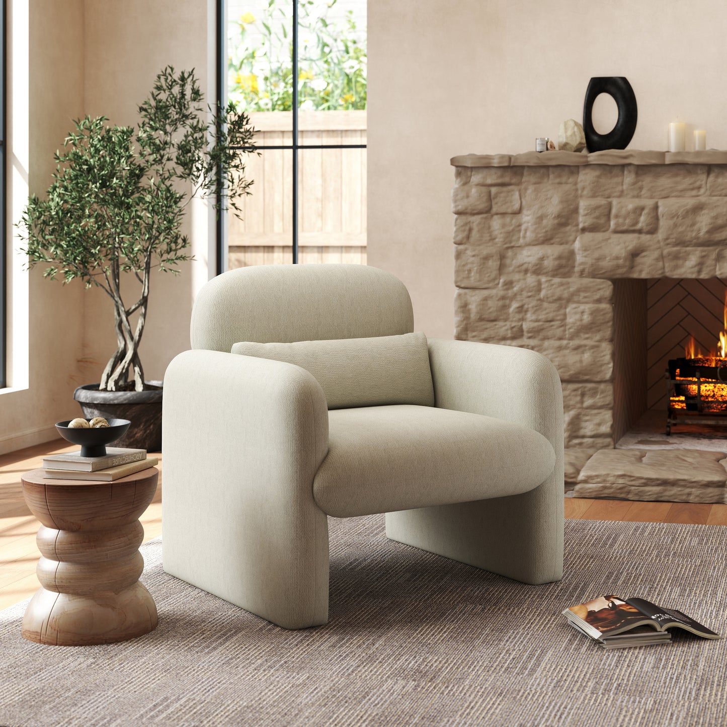 Roundhill Furniture Dylan Modern Upholstered Barrel Armchair, Cream White