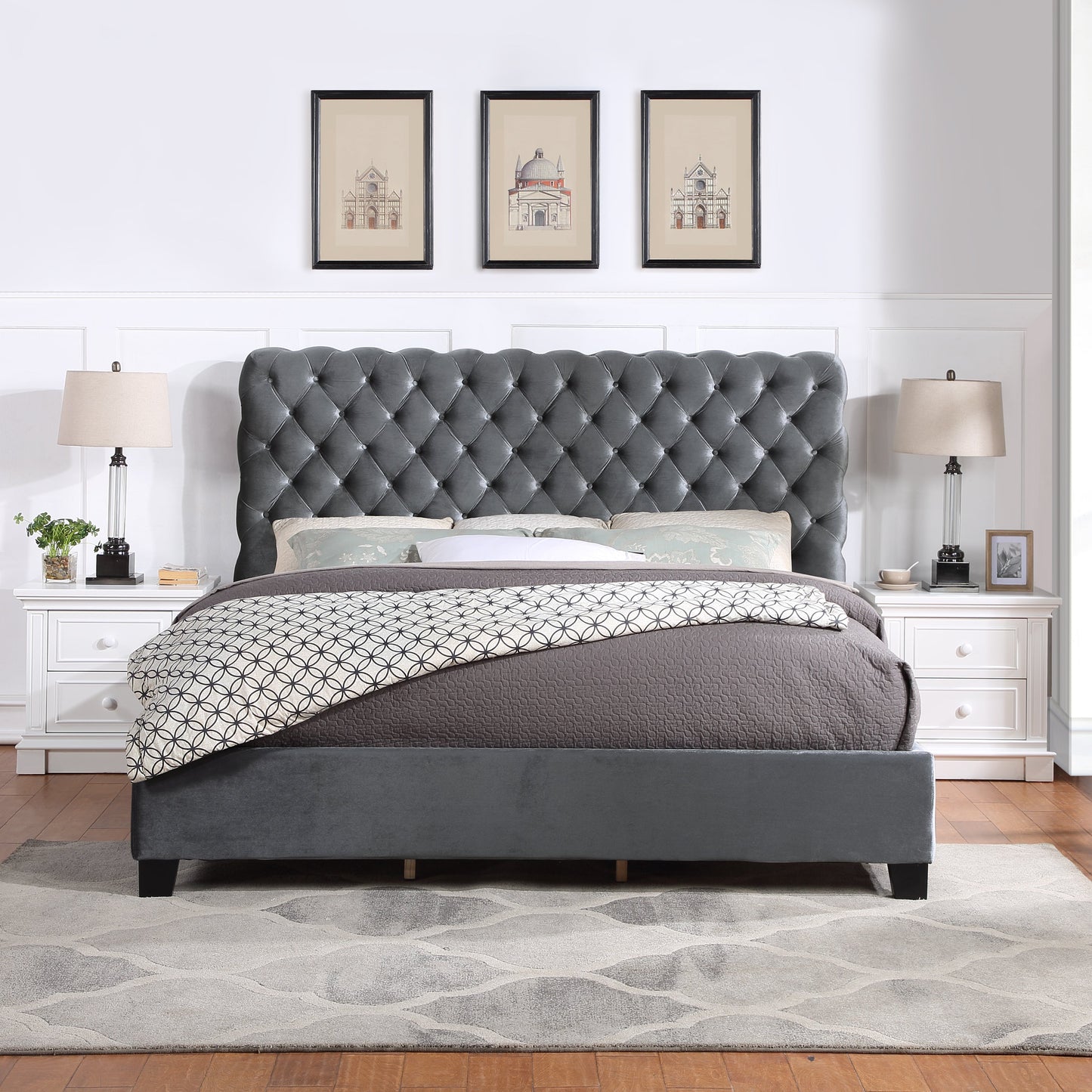 Roundhill Furniture Apoera Velvet Upholstered Button Tufted Bed, Gray