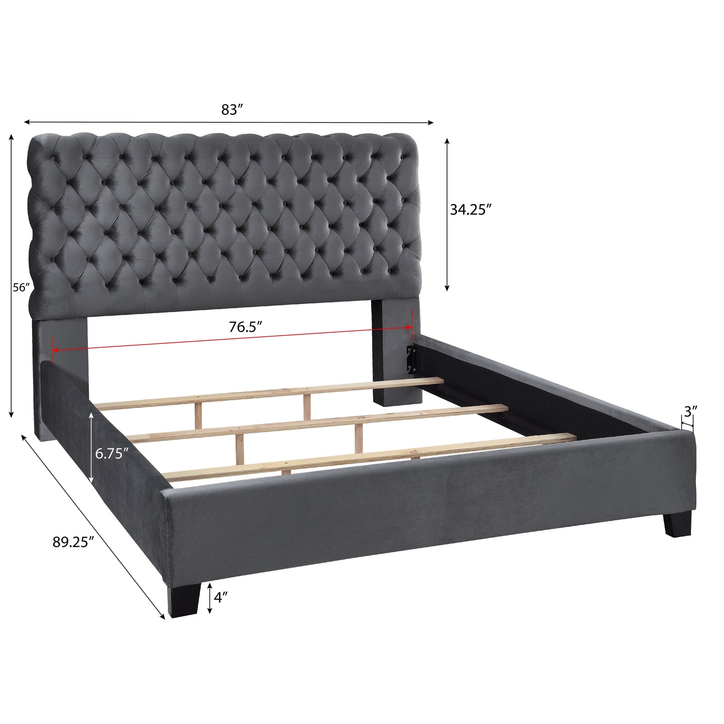 Roundhill Furniture Apoera Velvet Upholstered Button Tufted Bed, Gray