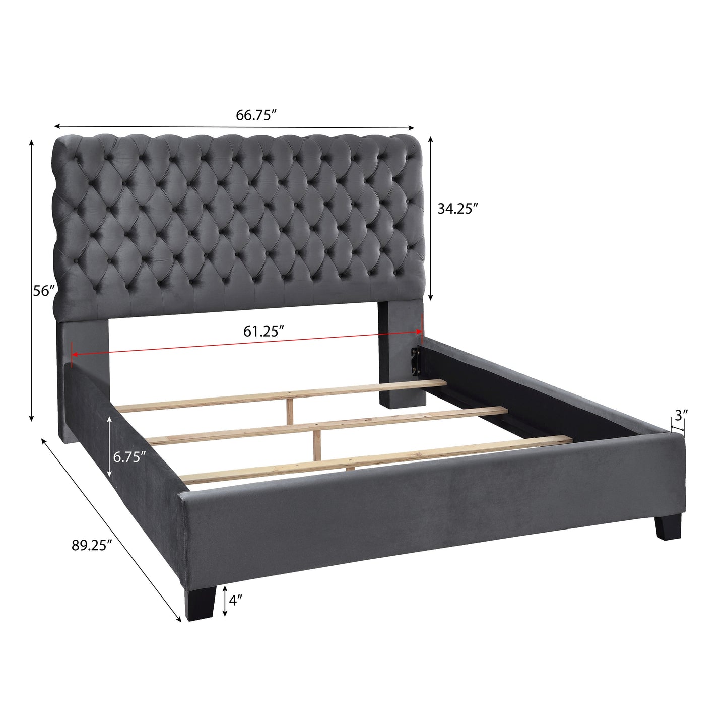 Roundhill Furniture Apoera Velvet Upholstered Button Tufted Bed, Gray