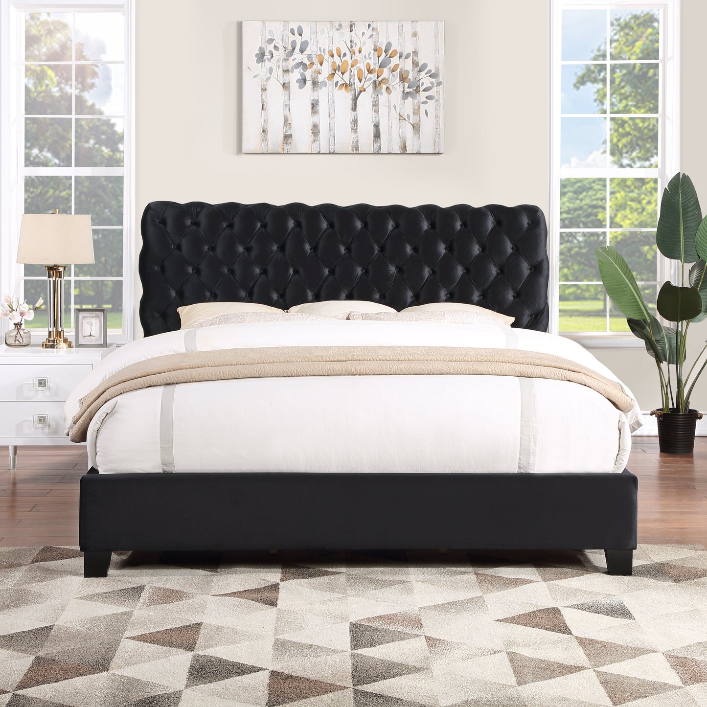 Roundhill Furniture Apoera Velvet Upholstered Button Tufted Bed, Black