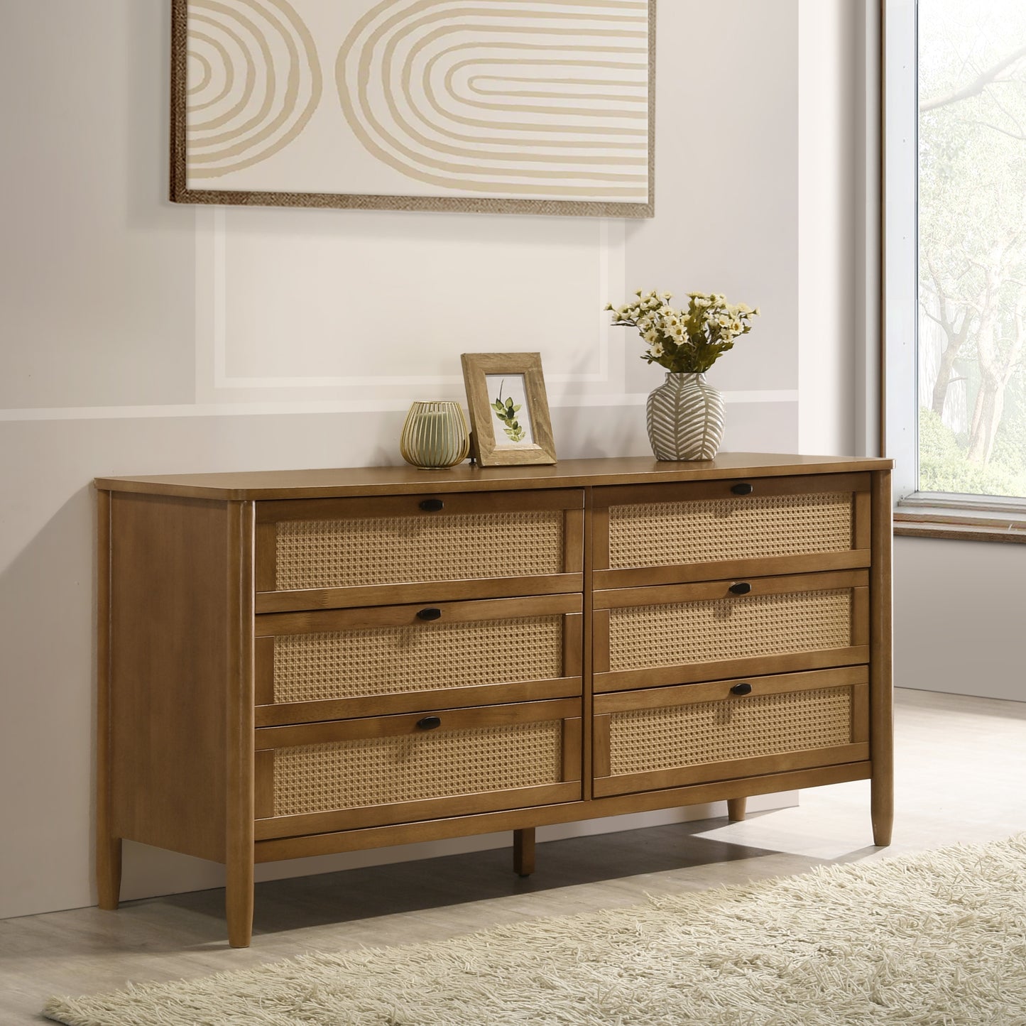 Roundhill Furniture Vichy Rattan Bedroom Collection in Light Walnut, Queen