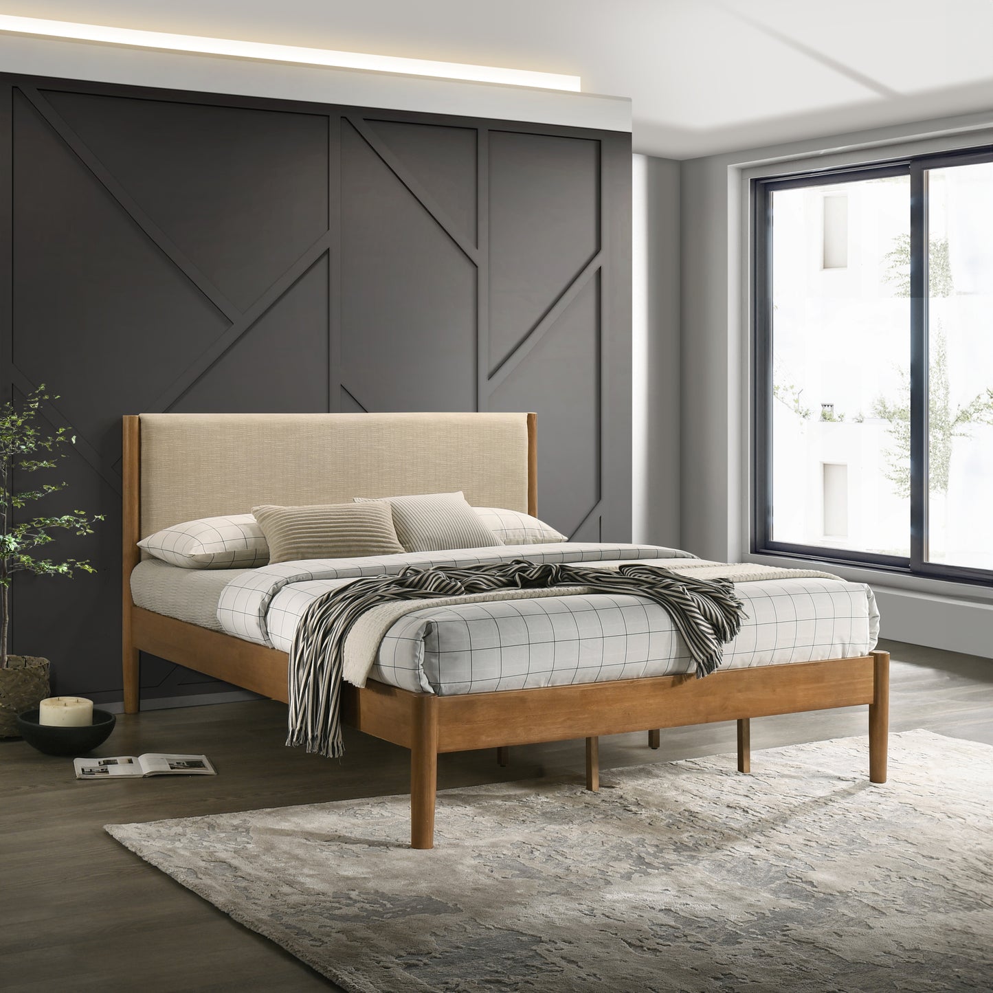 Roundhill Furniture Vichy 5-Piece Rubberwood Bedroom Set with Upholstered Bed, Dresser, Mirror, and 2 Nightstands