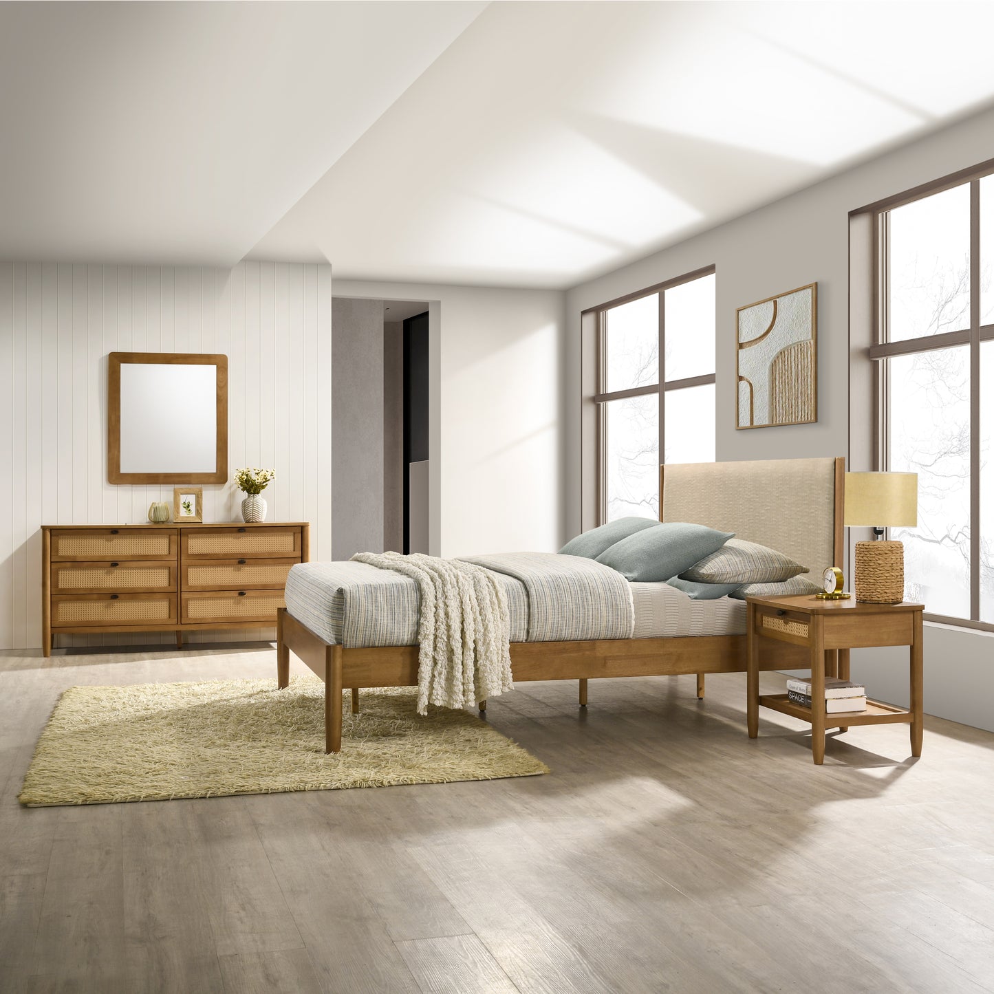 Roundhill Furniture Vichy 4-Piece Rubberwood Bedroom Set with Upholstered Bed, Dresser, Mirror, and Nightstand