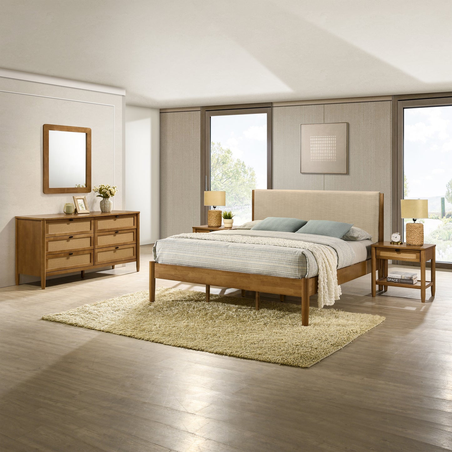 Roundhill Furniture Vichy 5-Piece Rubberwood Bedroom Set with Upholstered Bed, Dresser, Mirror, and 2 Nightstands