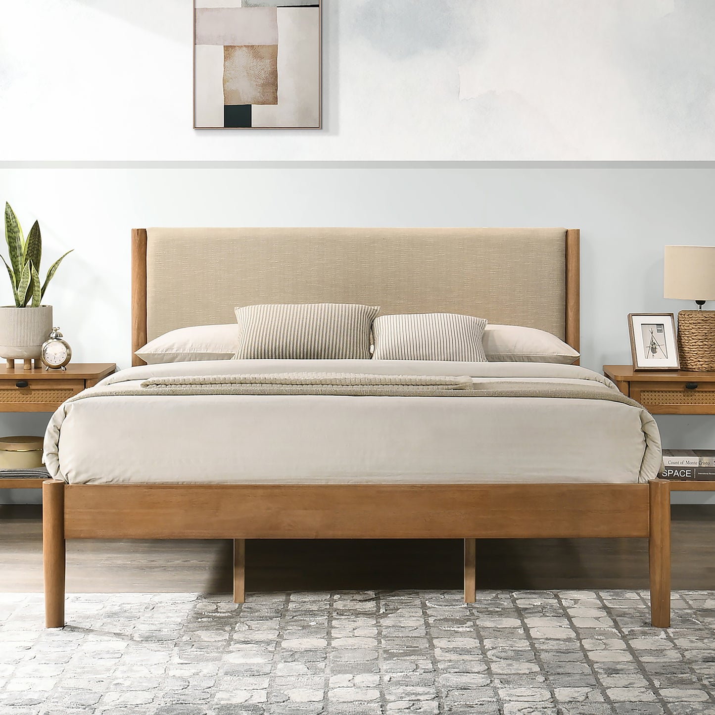 Roundhill Furniture Vichy 5-Piece Rubberwood Bedroom Set with Upholstered Bed, Dresser, Mirror, and 2 Nightstands