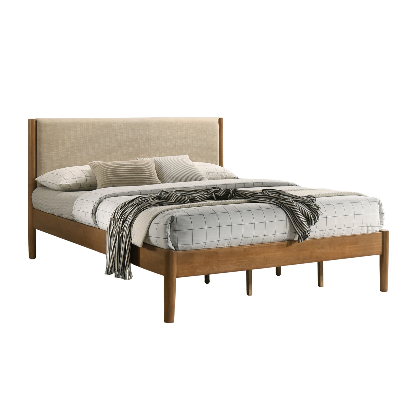 Roundhill Furniture Vichy 5-Piece Rubberwood Bedroom Set with Upholstered Bed, Dresser, Mirror, and 2 Nightstands