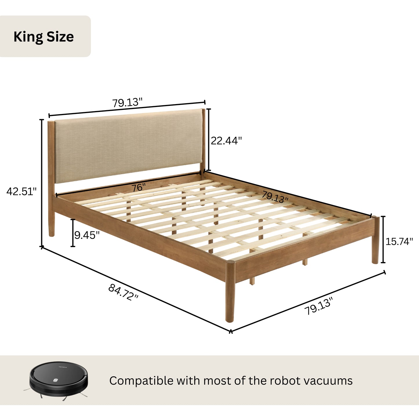 Roundhill Furniture Vichy 5-Piece Rubberwood Bedroom Set with Upholstered Bed, Dresser, Mirror, and 2 Nightstands