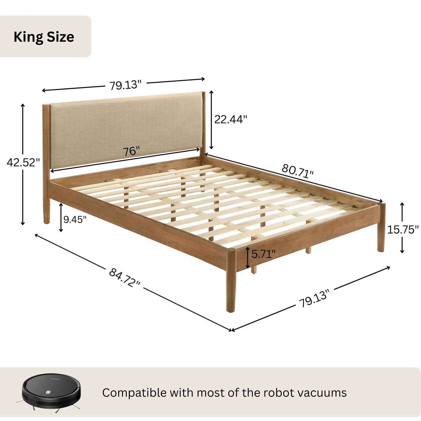 Roundhill Furniture Vichy 3-Piece Rubberwood Bedroom Set, Platform Bed with Two Nightstands,