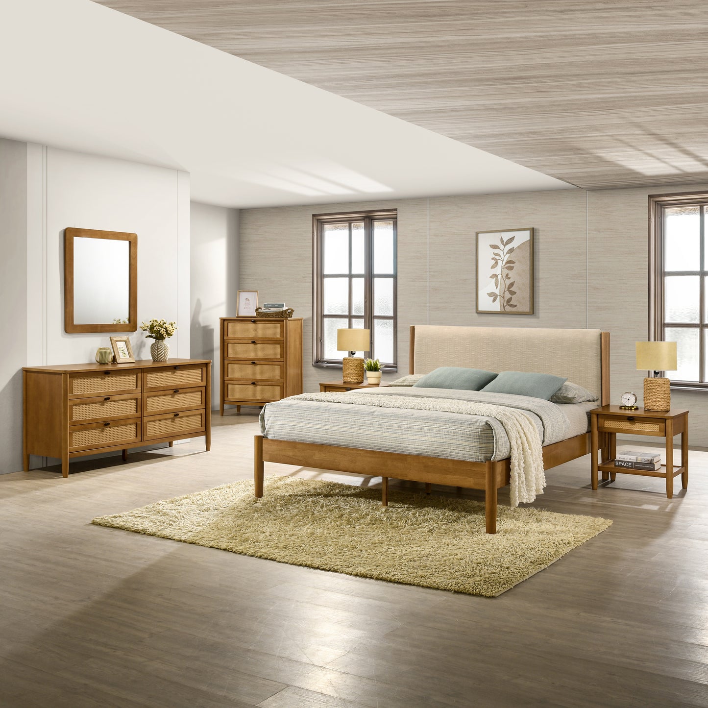 Roundhill Furniture Vichy Rattan Bedroom Collection in Light Walnut, Queen
