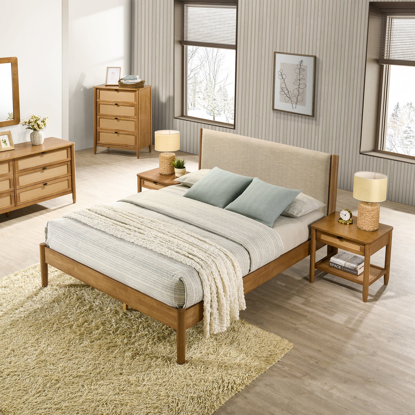 Roundhill Furniture Vichy Rattan Bedroom Collection in Light Walnut, Queen