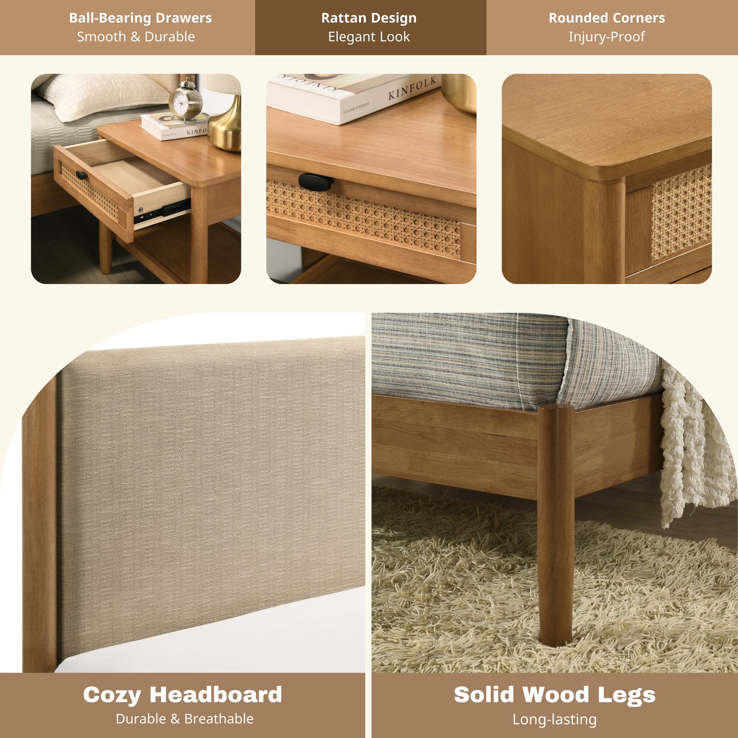 Roundhill Furniture Vichy 6-Piece Rubberwood Bedroom Set with Upholstered Bed, Dresser, Mirror, 2 Nightstands, and Chest