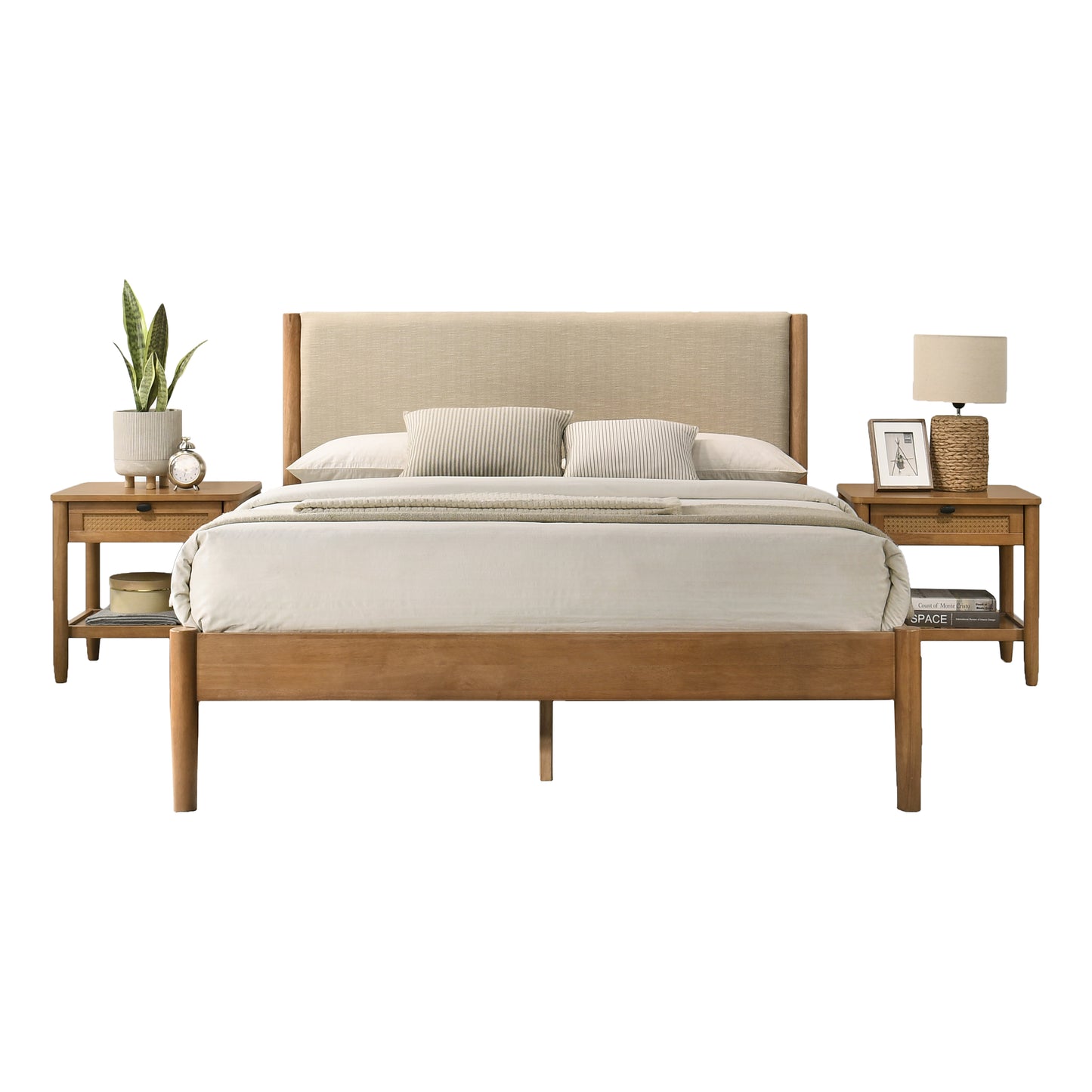 Roundhill Furniture Vichy 3-Piece Rubberwood Bedroom Set, Platform Bed with Two Nightstands,