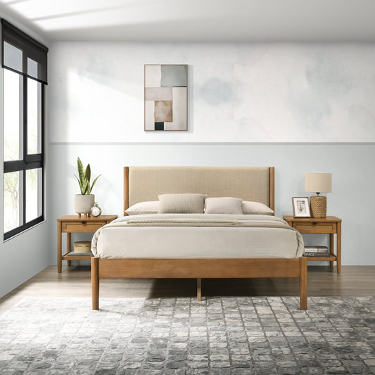 Roundhill Furniture Vichy 3-Piece Rubberwood Bedroom Set, Platform Bed with Two Nightstands,