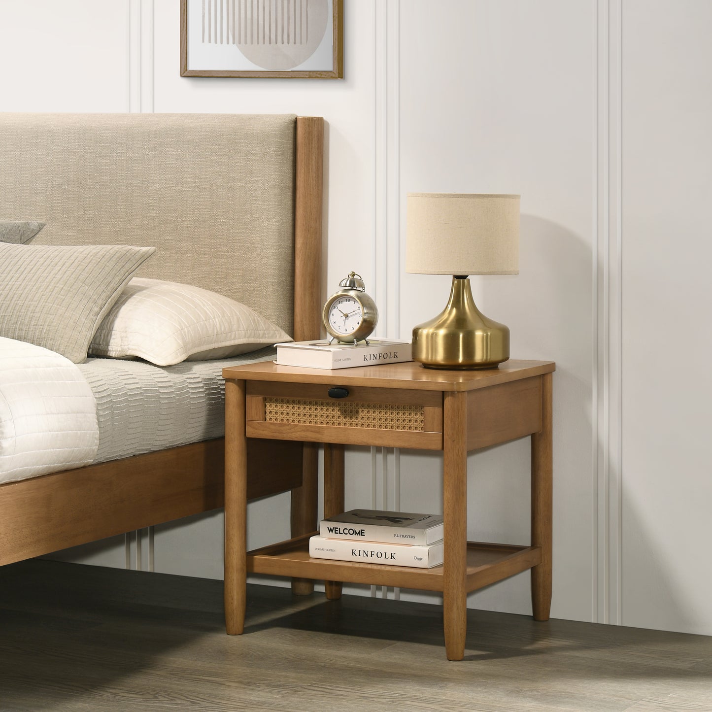 Roundhill Furniture Vichy 2-Piece Rubberwood Bedroom Set, Platform Bed with Nightstand