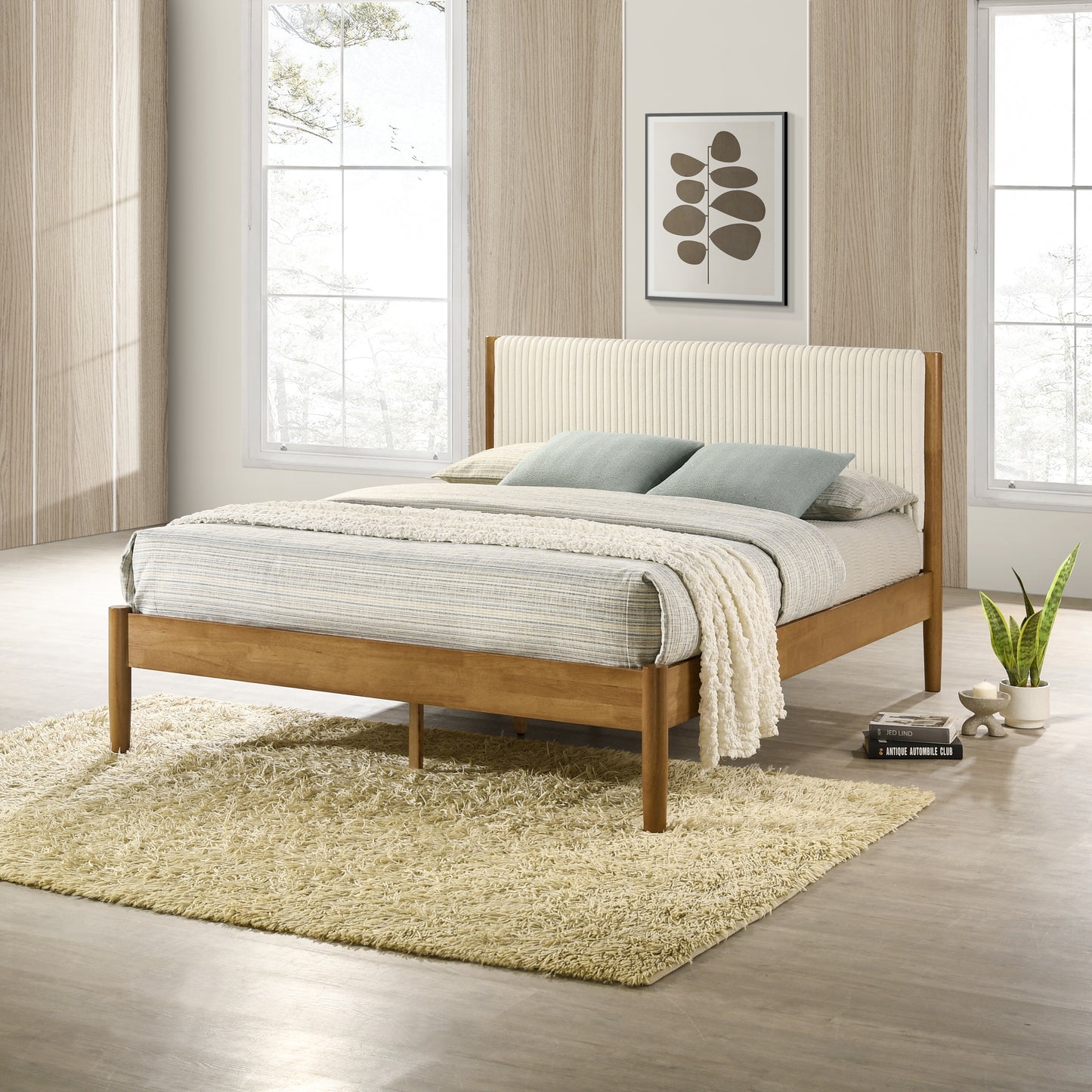 Roundhill Furniture Vichy 6-Piece Rubberwood Bedroom Set with Upholstered Bed, Dresser, Mirror, 2 Nightstands, and Chest