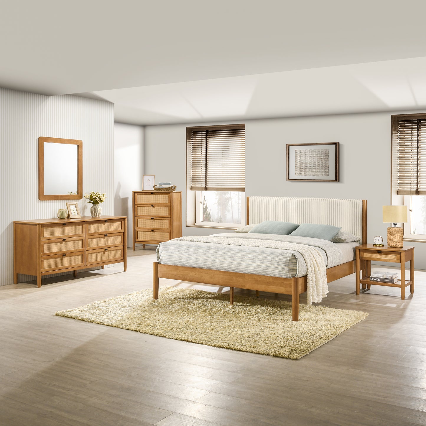 Roundhill Furniture Vichy 5-Piece Rubberwood Bedroom Set with Upholstered Queen Bed, Dresser, Mirror, Nightstand, and Chest