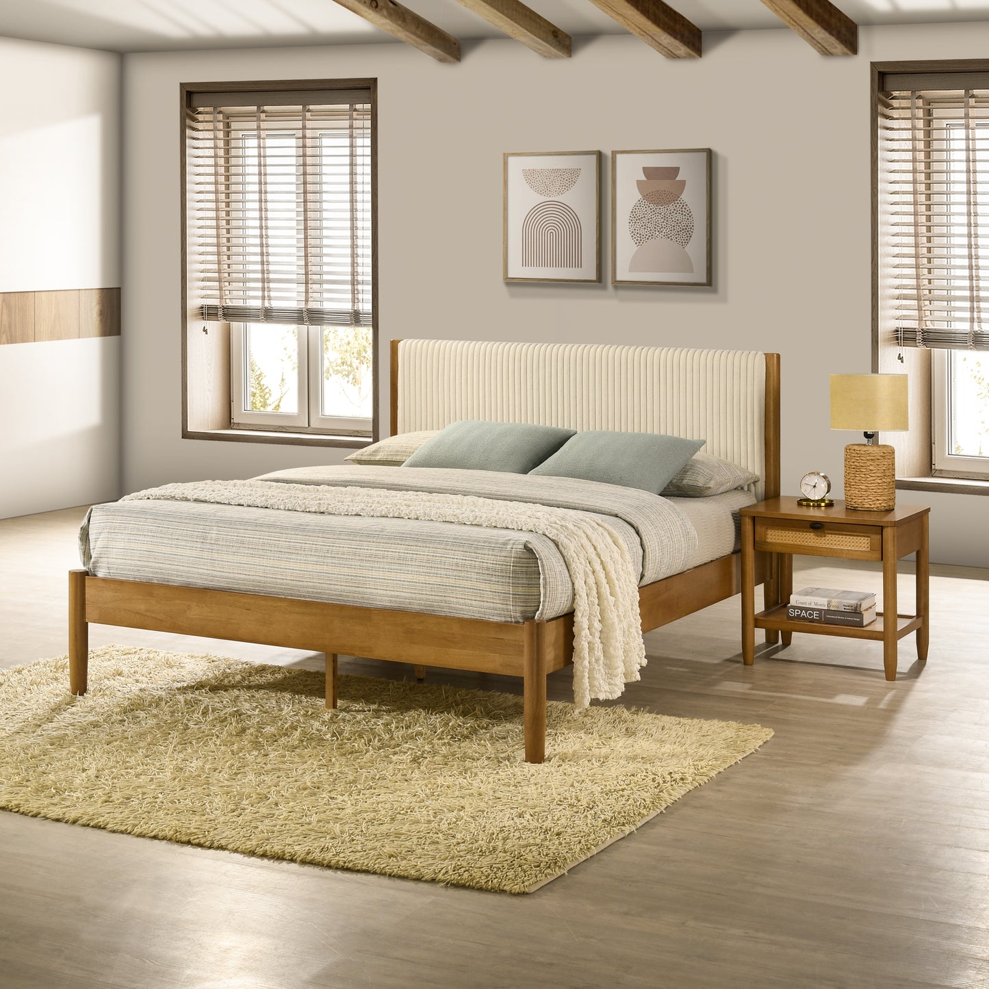 Roundhill Furniture Vichy 2-Piece Rubberwood Bedroom Set, Platform Bed with Nightstand