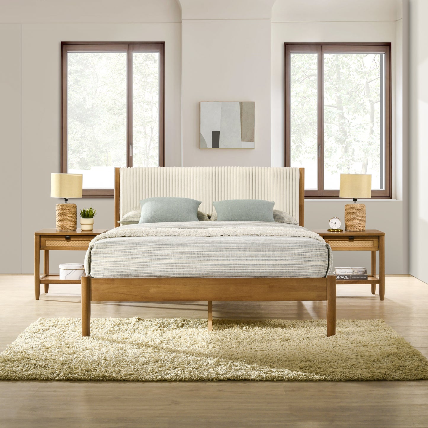 Roundhill Furniture Vichy 3-Piece Rubberwood Bedroom Set, Platform Bed with Two Nightstands,