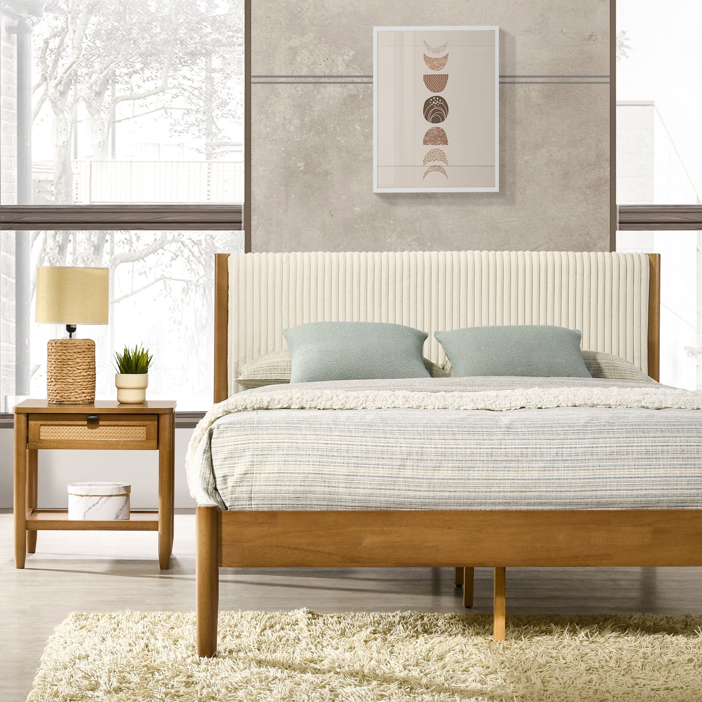 Roundhill Furniture Vichy 3-Piece Rubberwood Bedroom Set, Platform Bed with Two Nightstands,