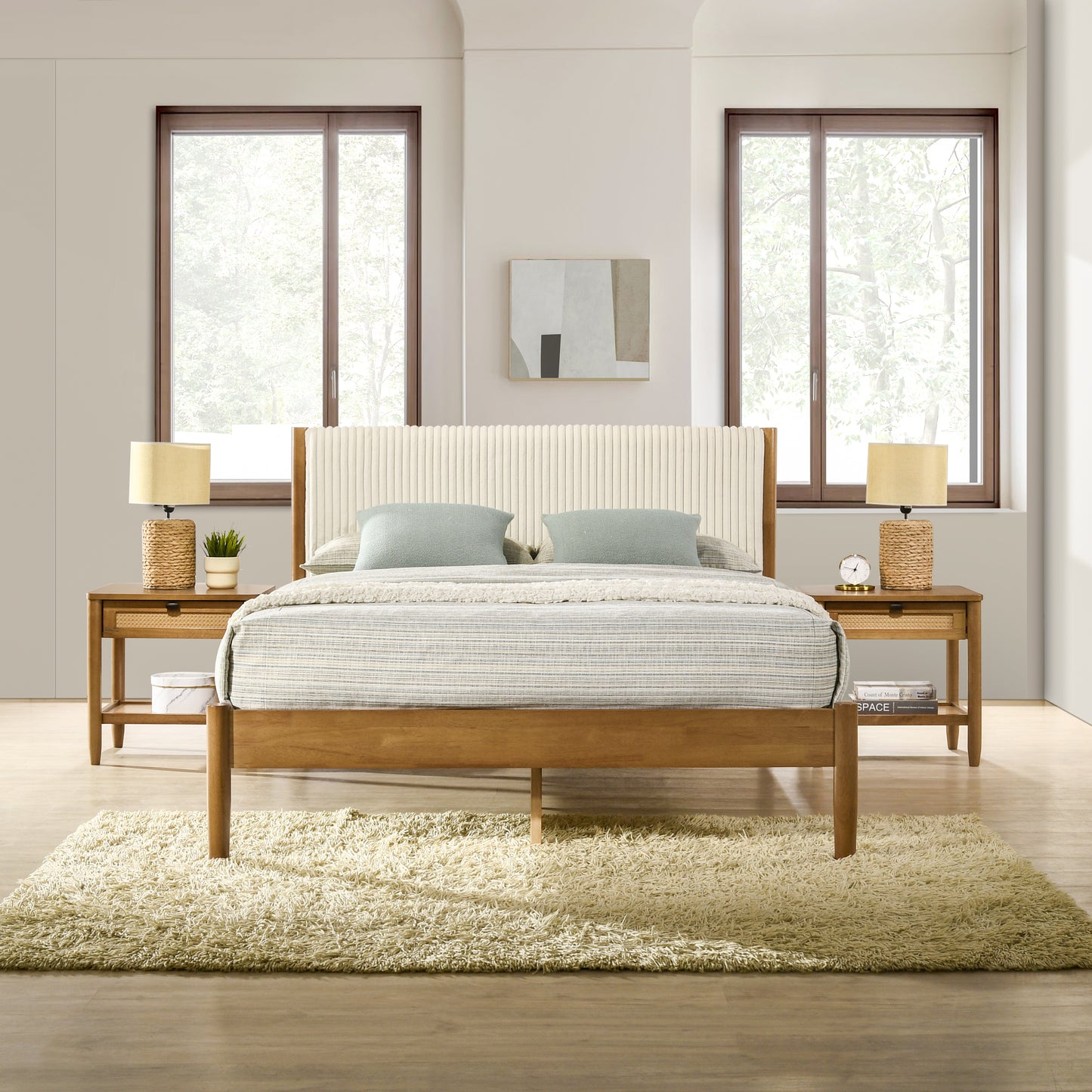 Roundhill Furniture Vichy Rattan Bedroom Collection in Light Walnut, Queen