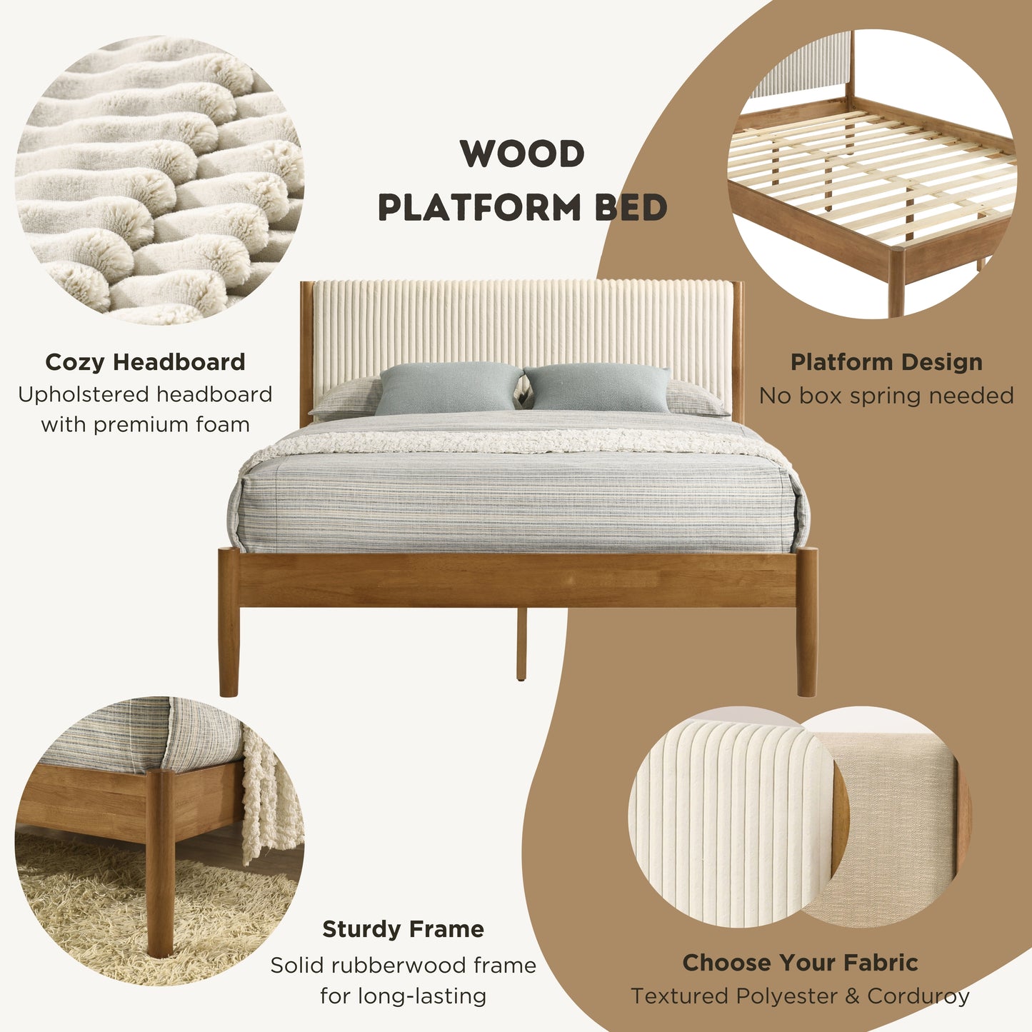 Roundhill Furniture Vichy 2-Piece Rubberwood Bedroom Set, Platform Bed with Nightstand