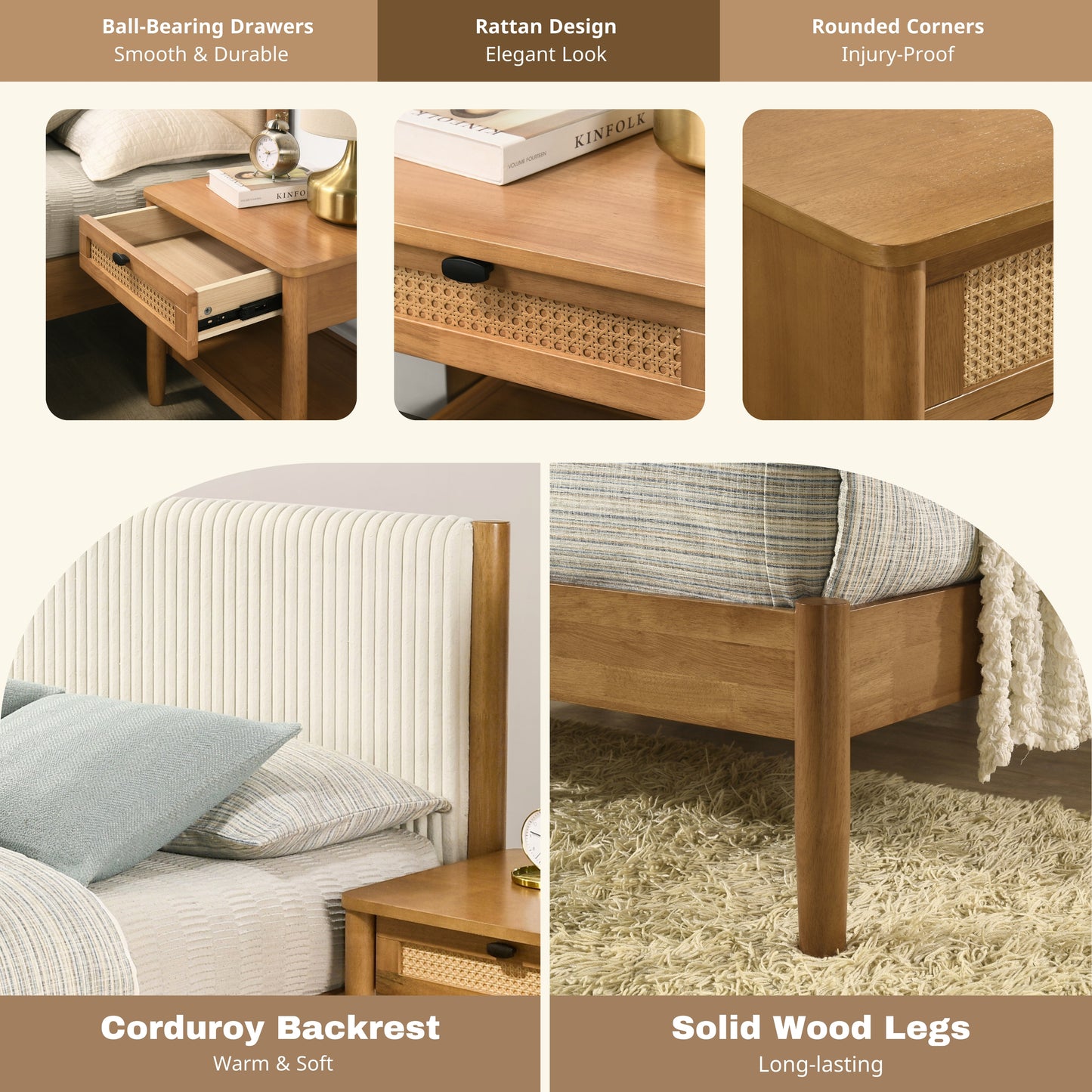 Roundhill Furniture Vichy 2-Piece Rubberwood Bedroom Set, Platform Bed with Nightstand