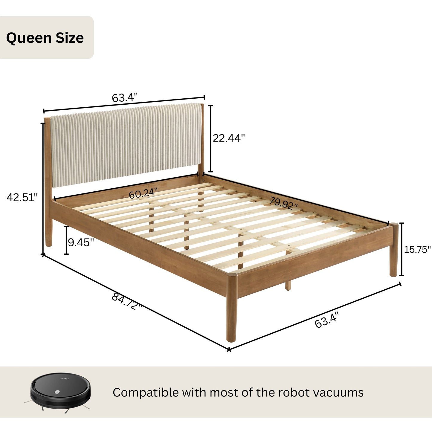 Roundhill Furniture Vichy 5-Piece Rubberwood Bedroom Set with Upholstered Bed, Dresser, Mirror, and 2 Nightstands