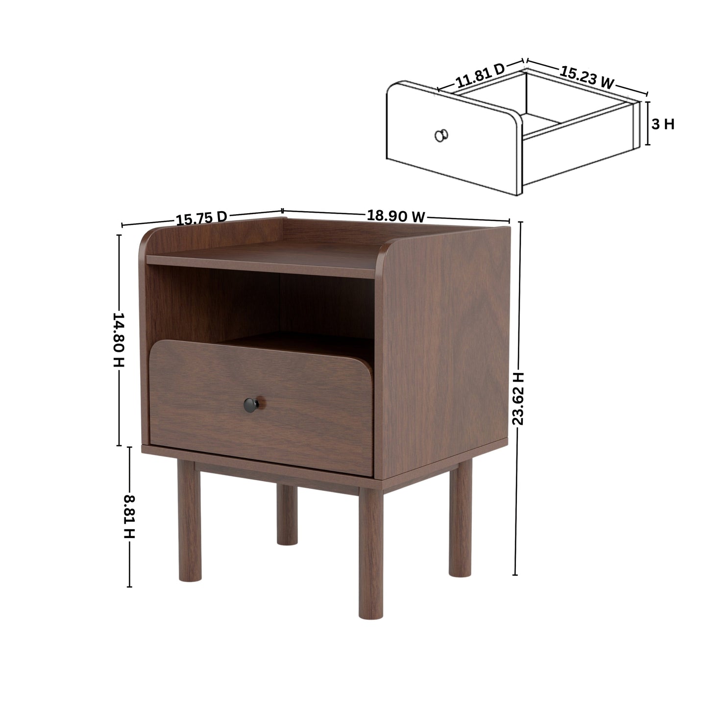 Roundhill Furniture Wyller Dual-tier Storage Nightstand, Side Table, Natural Walnut Finish