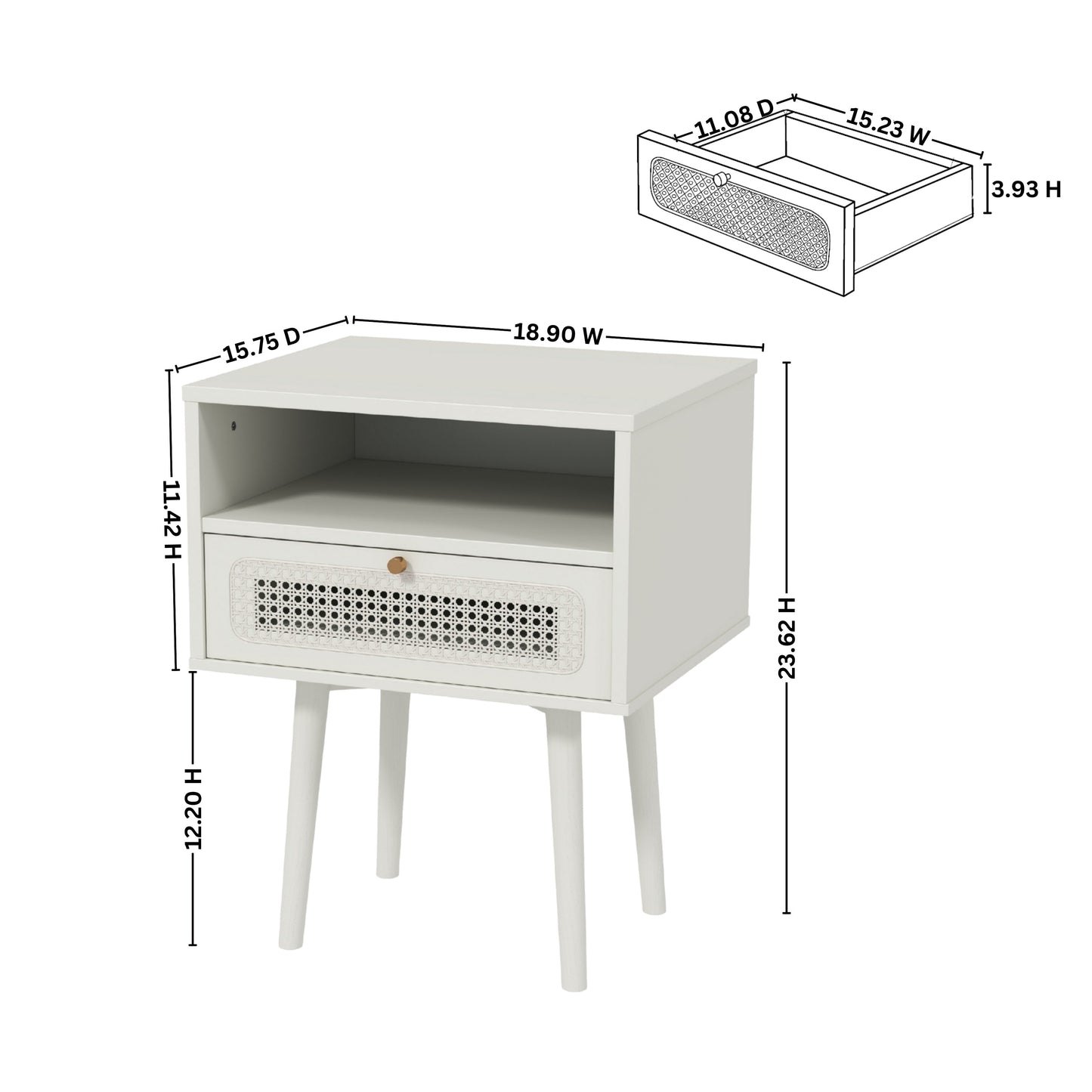 Roundhill Furniture Feeney Dual-tier Storage Nightstand, Side Table, Cream White