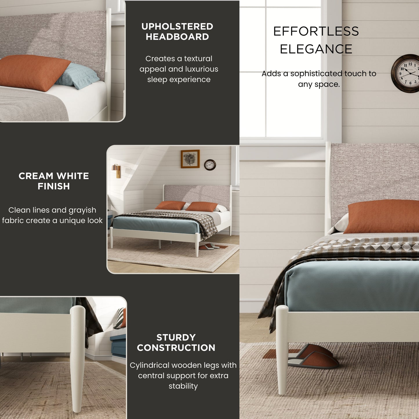 Roundhill Furniture Feeney Rubberwood Platform Bed, Cream White, Queen
