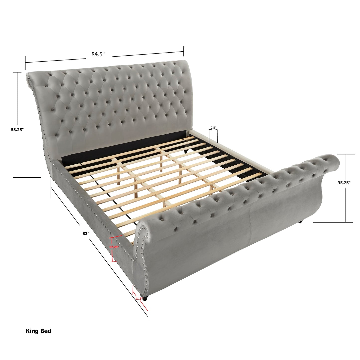 Evora Gray Velvet Upholstered Button Tufted Sleigh Bed