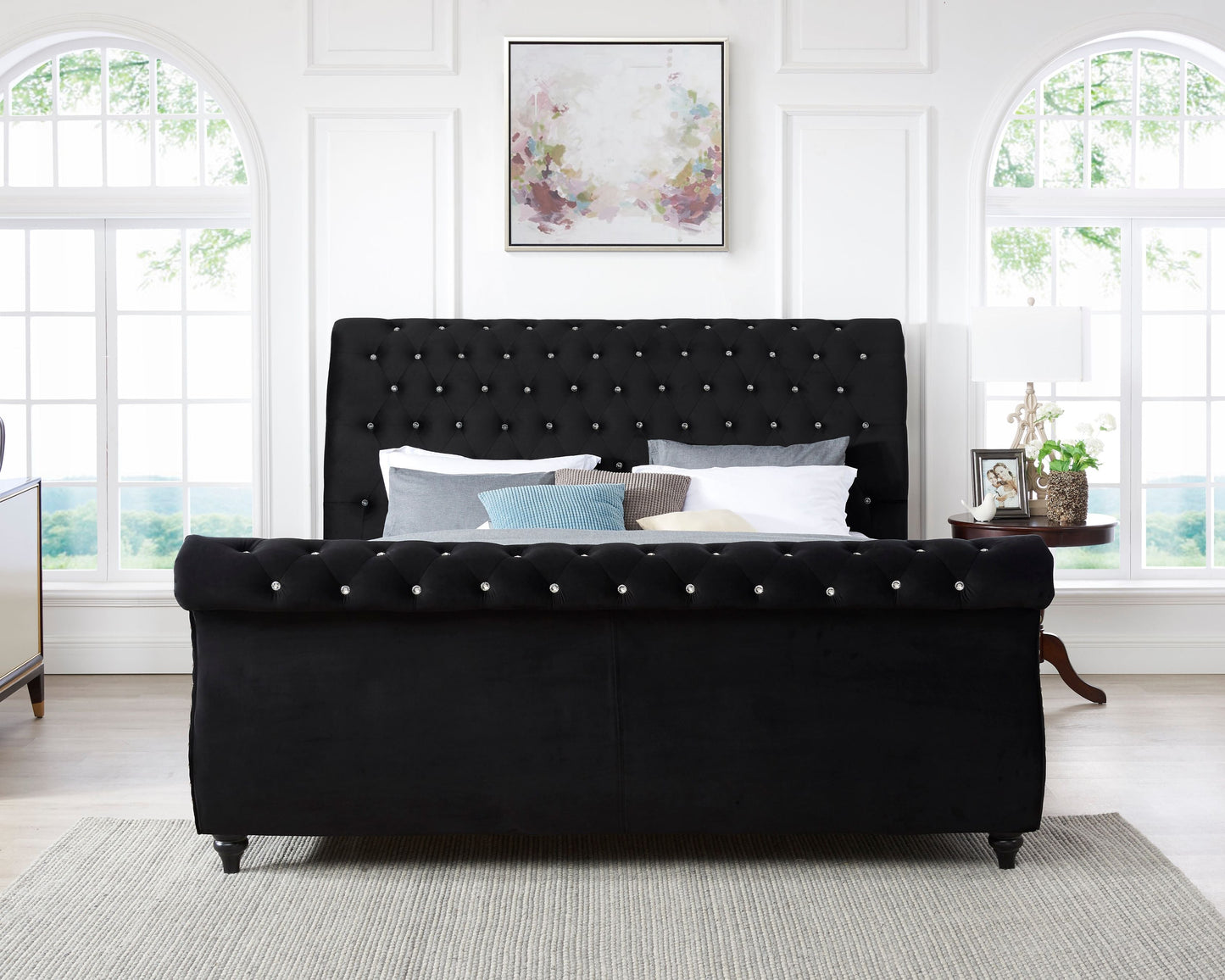 Roundhill Furniture Evora Velvet Upholstered Crystal Button Tufted Sleigh Bed, Black