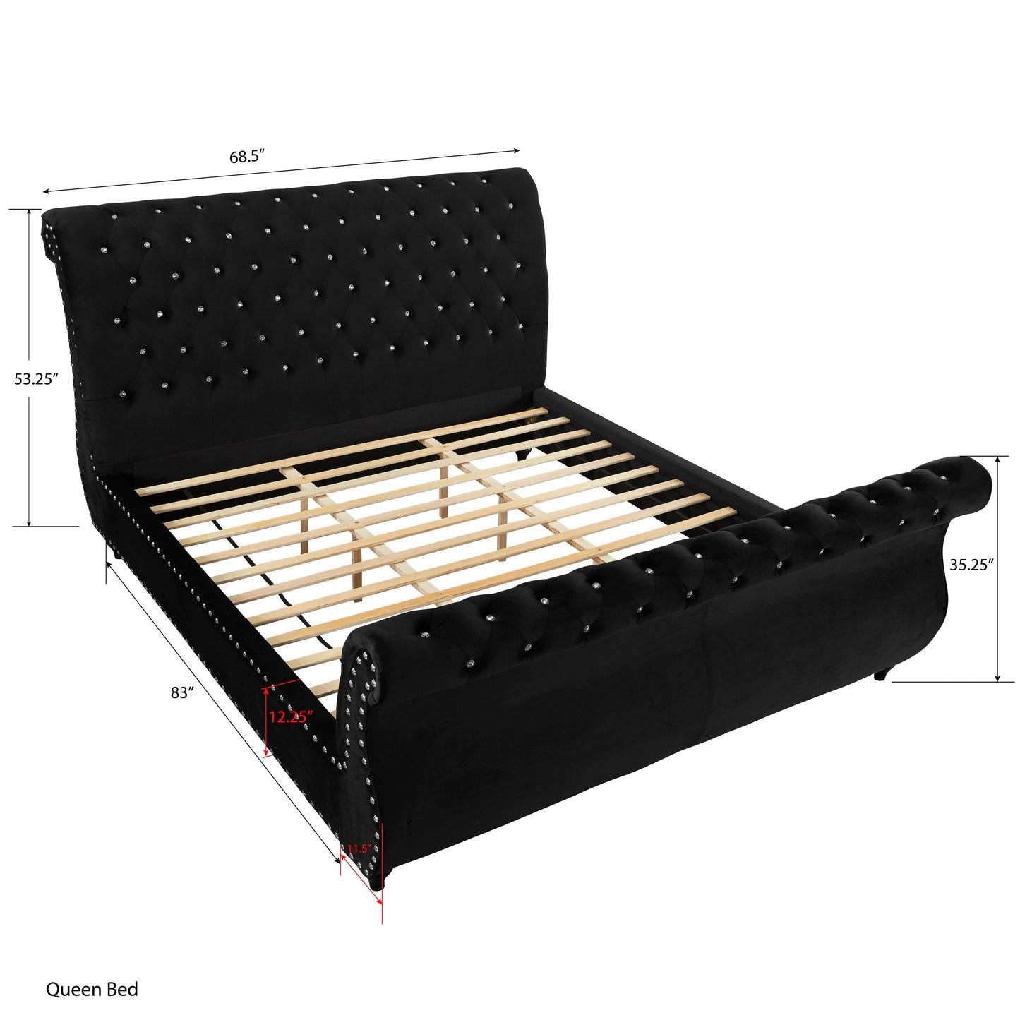 Evora Black Velvet Upholstered Crystal Button Tufted Sleigh Bed